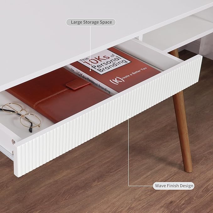 Artswish White Writing Desk with Drawers Mid Century Modern Desk Wood Office Computer Desks for Small Space White Desks with Walnut Legs