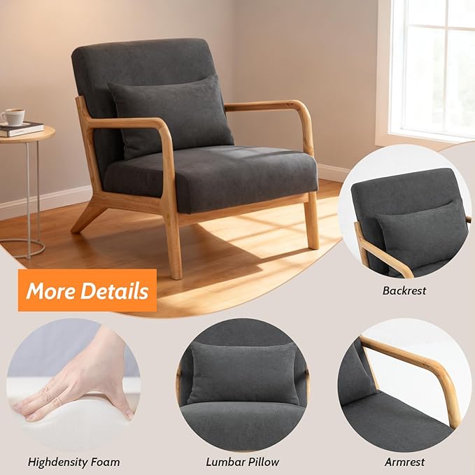 Modern Accent Chair Cotton Linen Fabric Upholstered Lounge Armchair with Solid Wood Frame for Living Room Bedroom Reading Nook (Grey)
