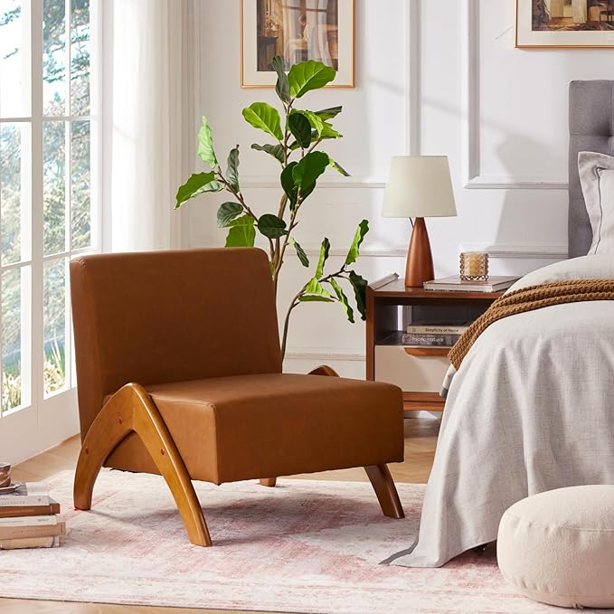 Oversized Accent Chair Set of 2 upholstered armless mid Century Modern Living Room Chair with Wooden Legs for Bedroom/Office/Cafe Faux Leather Cognac Brown