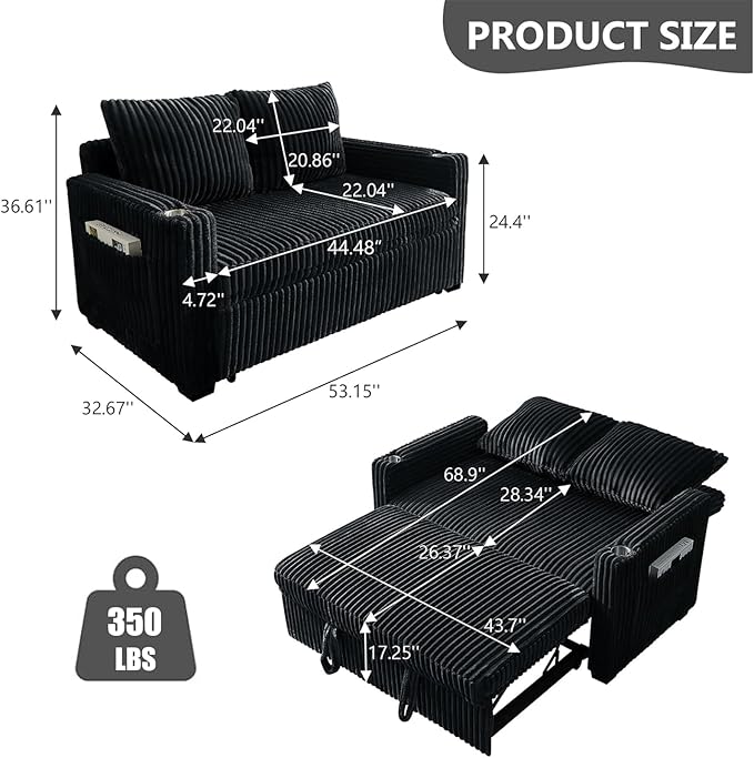 53 Corduroy Convertible Sleeper Sofa Bed with USB Port &amp Side Storage Pocket 3-in-1 Pull Out Loveseat Couch Bed with Adjustable Backrest Small Sofa for Living Room Apartment Guest Room Black