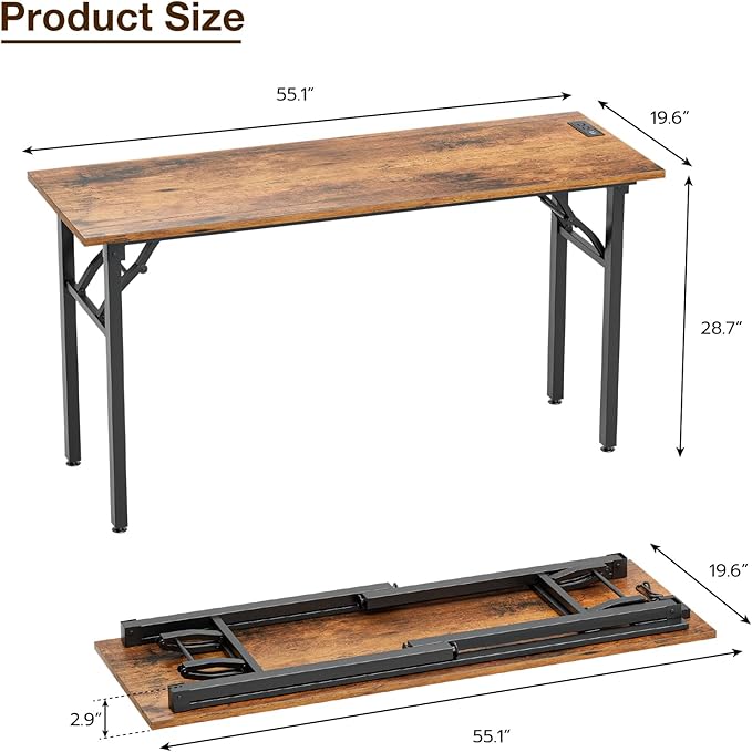 TEMI Long Computer Desk Folding Table - No Assembly Compact 55 Foldable Desk with Power Outlets &amp USB Charging Port Portable Lagre Office Desk Ideal Large Study Table for Narrow Spaces Brown