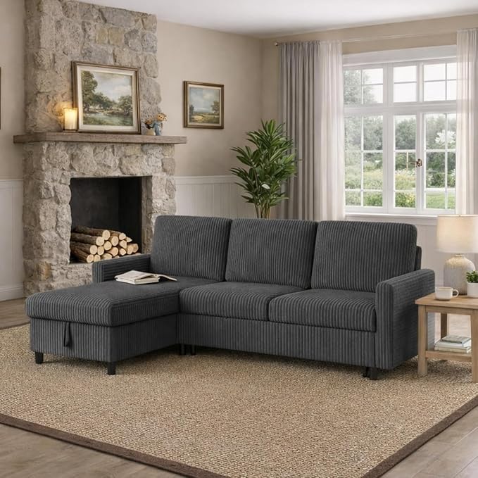 JAMFLY Pull Out Sleeper Sofa Bed with Storage Chaise L-Shaped Corduroy Sectional Couch 3-Seater Convertible Sofa with Hidden Storage for Small Living Room Apartment Office Grey
