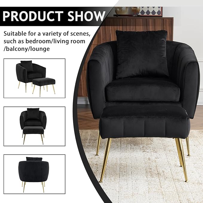 Karl home Velvet Accent Chair Set Barrel Chair with Ottoman Modern Club Chair Reading Armchair with Lumbar Pillow for Living Room Bedroom Study Room Home Office Black