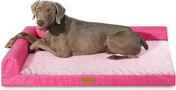 Patas Lague Orthopedic Jumbo Dog Bed for Extra Large Dogs 56''X40'' Waterproof L Bolster Pet Sofa Beds with Removable Washable Cover Soft Comfortable Pet Couch Crate Mat with Nonskid Bottom Pink