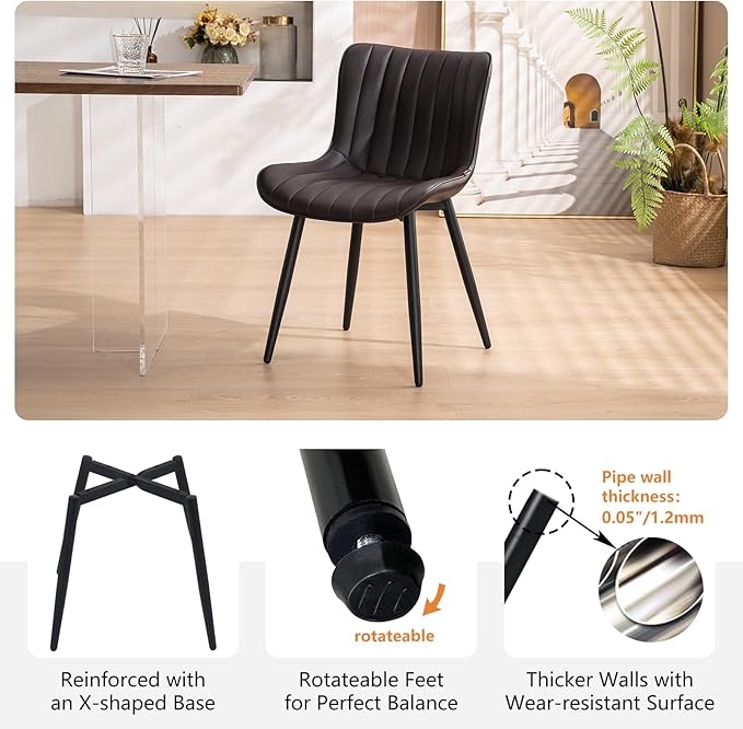 YOUNUOKE Dining Chairs Set of 2 Upholstered Mid Century Modern Kitchen Chair Comfortable Armless Faux Leather Accent Chair with Metal Legs for Guest Waiting Reception Living Room Dark Brown
