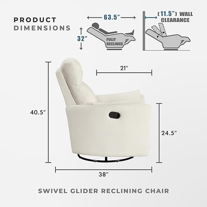 Lexicon Modern Swivel Glider Recliner Chair - Quiet 360 Swivel Chair Durable Microfiber Upholstered 2 Pillows Manual Reclining for Living Room Small Spaces Nursery Apartment Bedroom Beige