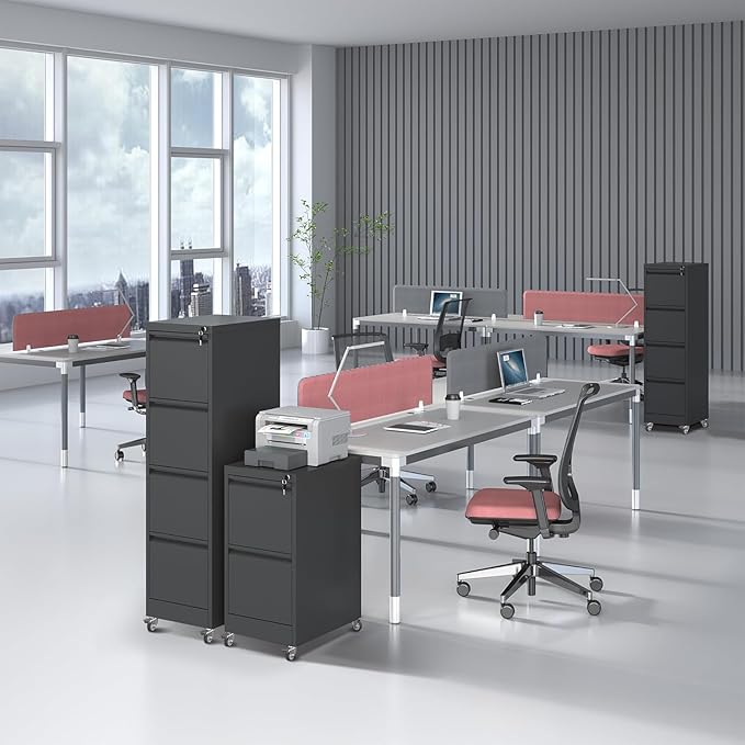 4 Drawer File Cabinet with Wheels Metal Mobile Filing Cabinets with Lock Vertical File Cabinet for Home Office Rolling Storage Cabinet for A4/Letter/Legal Size File Assembly Required Black