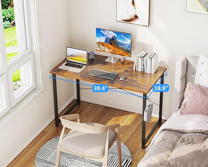 Casaottima 39.5 Inch Small Computer Desk for Home Office Study Writing Table for Small Spaces Simple Modern Desk with Headphone Hooks Vintage