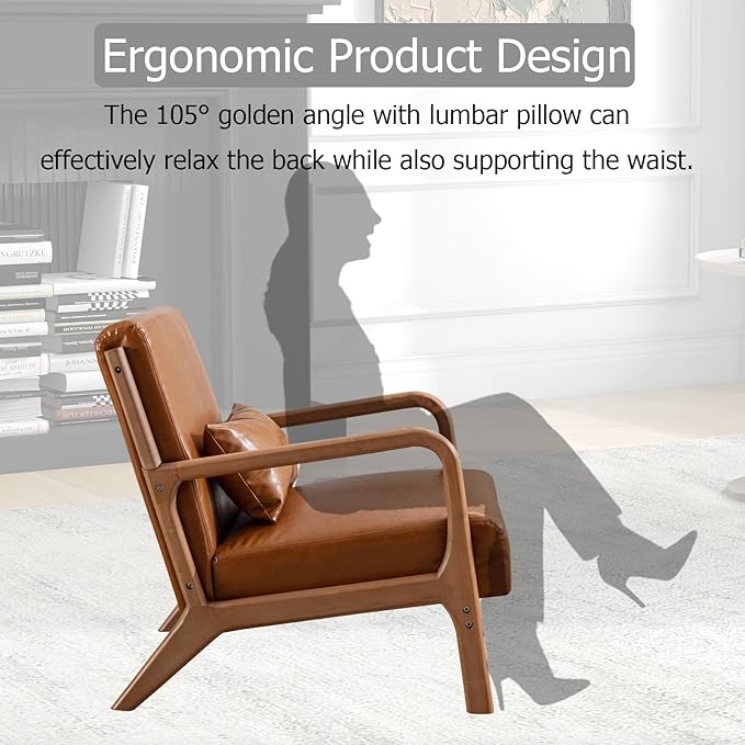 Phoenix Home Upholstered Mid Century Modern Accent Chair Set of 2 Lounge Fabric Living Room Chairs with Solid Wood Frame and Waist Cushion Reading Armchair for Bedroom Brown