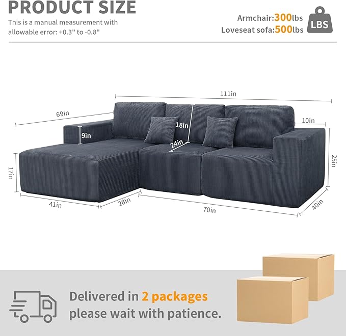 3 Pieces Boneless Couches for Living Room L-Shape Chaise Cloud Couch Modular Sectional Deep Seat 111 Compressed Couches for Living Room Bedroom Plush Corduroy Fabric No Assembly Required Dark Grey