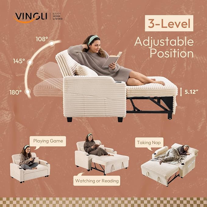 VINGLI Beige Futon Sofa Bed Convertible Loveseat Sleeper Sofa Couch Corduroy Pullout Sofa Fold Out Couch Bed with USB Ports Cup Holders Armrest for Living Room Bedroom Apartment Room | Loveseat Sl