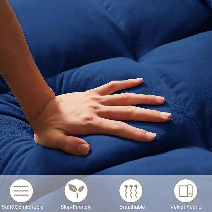 3 in 1 Convertible Sleeper Sofa Couch with Pull Out Bed55 Velvet Upholstered Futon Sofa BedModern Loveseat Sleeper Chaise with Adjustable Backrest for Living Room Guest Room Apartment(Blue)