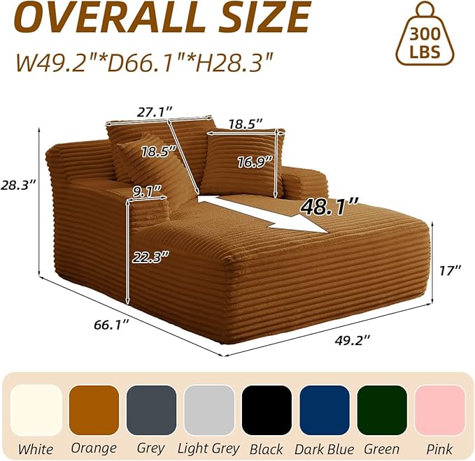 Oversized Chaise Lounge Chair Indoor Bedroom Comfy Corduroy Upholstered Sofa Chair Deep Seat Single Sofa Couch No Assembly Required Sleeper Chair Sofa for Living Room (Orange)