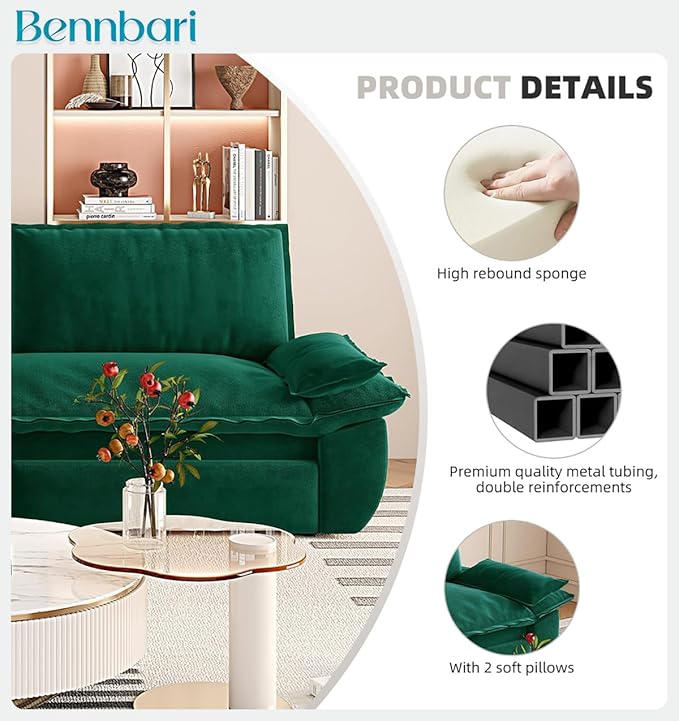 73.2 Queen Size Pull Out Sofa Bed 3-in-1 Velvet Convertible Sleeper Loveseat for Living Room Apartment Bedroom &amp Small Spaces (Green)