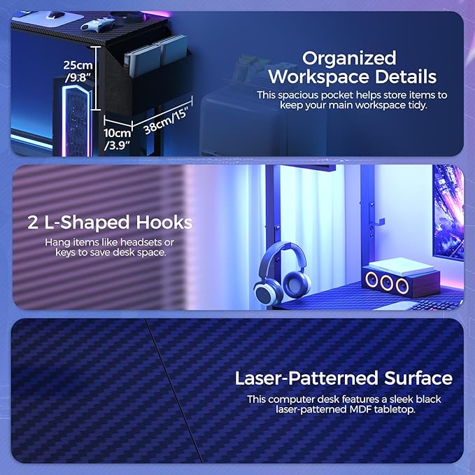 Gaming Desk Computer Desk with Charging Station and LED Light Small PC Desk with Side Storage Bag and Shelves 2 Hooks for Living Room Home Office Bedroom Black CDHS134E01