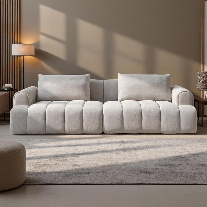 Modern Couch Sofa for Living Room Oversized Sectional Sofa 4-Seater Comfy Teddy Velvet Upholstered Couch Lounge Sofa for Apartment Small Space Beige Sofa Couch