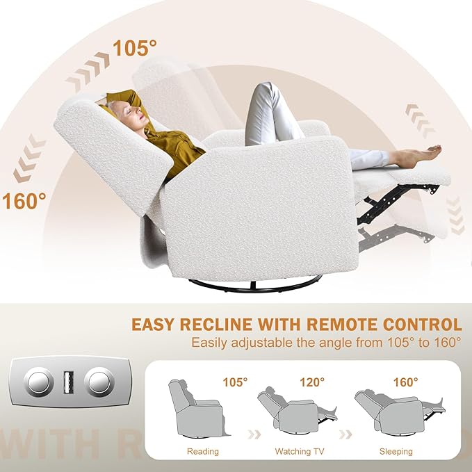 Power Recliner Chair Swivel Glider Large Rocker Recliner w/USB Charging Port Boucle Upholstered Swivel Rocker Glider Recliner for NurseryBedroomLiving RoomSet of 2Cream