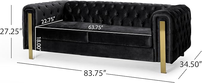 83.75''Velvet Sofa Couch Comfy Couches for Living Room Button Tufted Upholstered Oversized Loveseat Sofa with Gold Iron Legs Modern Deep Seat Furniture for Office Apartment Black