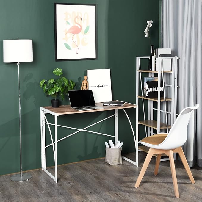 FurnitureR 32'' Folding Desk No Assembly Required Desk 2 Tier Computer Desk for Study Home Office Portable Foldable Laptop Table with Metal Frames/Wood Top Rustic Brown (Oak &amp White 39.4 Inch)