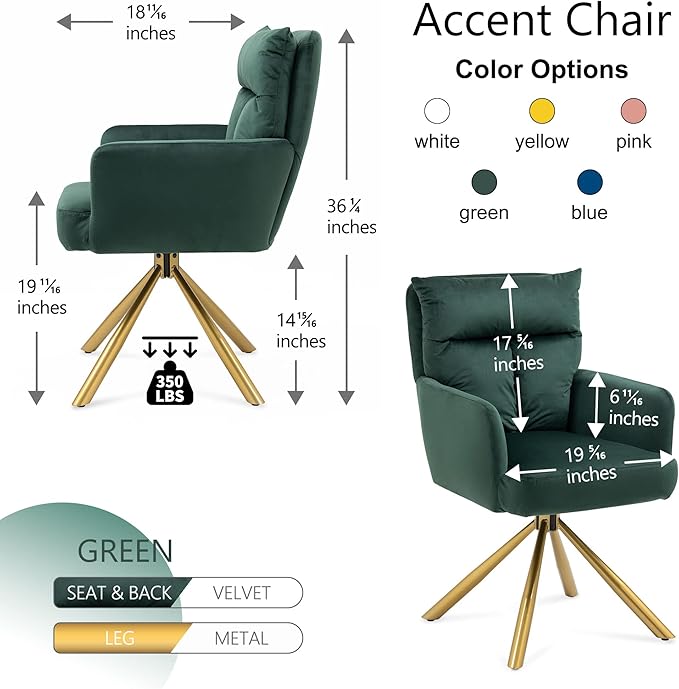 NORDICANA 180° Swivel Velvet Living Room Chair Modern Armchair with Golden Legs Ergonomic Upholstered Dining Accent Chair Single Sofa for Bedroom Reading Home Office Christmas Green