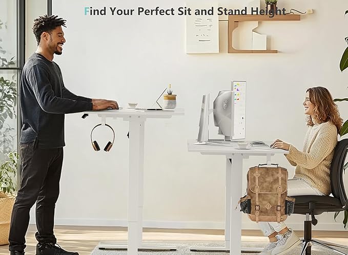 55 x 24 Inch Electric Standing Desk with 4 Wheels Height Adjustable Desk for Home Office Sit Stand Desk with 4 Memory Presets Headphone Hooks and Cable Clips Splice Board White