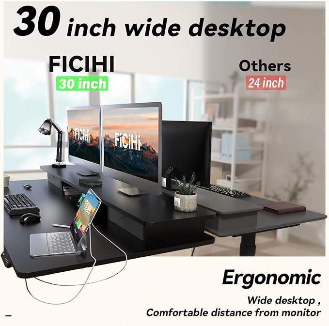 FiCiHi Adjustable Height Standing Desk with 4 Drawers48 x 30 inches Electric Sit Stand Home Office Desk with Two Tiers 3 Memory Presets Monitor Stand Riser USB A/C Charging Port
