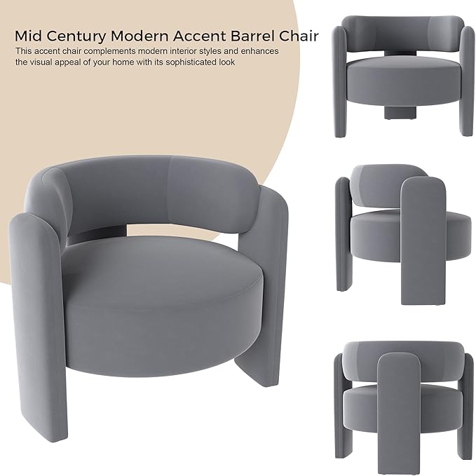 NOBPEINT Mid Century Modern Accent Barrel Chair Round Upholstered Leisure Armchair with Open Back for Living Room Bedroom Apartment Gray