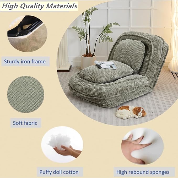 Foldable Lazy Sofa Bed Polyester Upholstered Human Dog Bed for Adults and Pets with 5 Adjustable Backrest Positions and 2 Soft Cushions for Living Room Bedroom Green