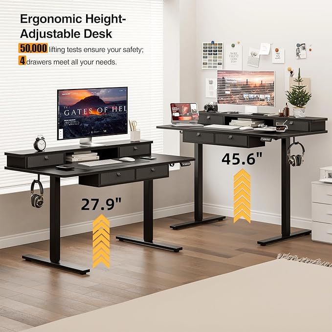 Grandder 47 x 28 inch Electric Standing Desk with 4 Drawers Sit Stand Up Desk Adjustable Height with Storage Shelf for Home Office Ergonomic Adjustable Desk with Splice Board Black