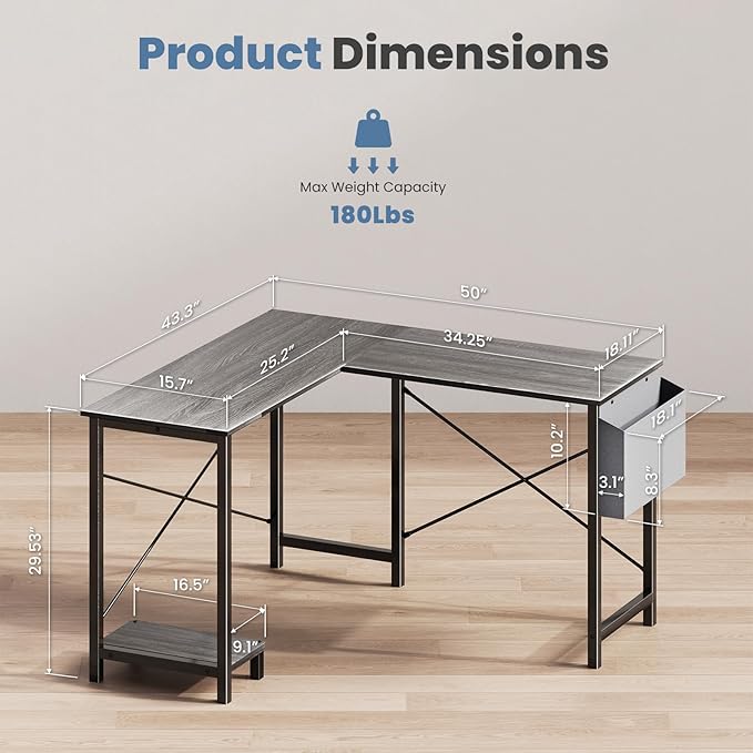 DUMOS L Shaped Desk Computer Gaming Corner Table 50 Inch Home Office Writing Student Work PC Workstation with Side Storage Bag CPU Stand for Bedroom Small Spaces