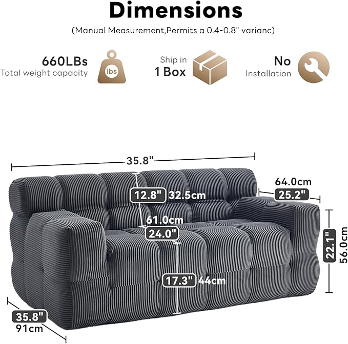Tbfit Boneless Loveseat SofaComfy Tufted Cloud Couch Modern Living Room Floor Sofa Chair Corduroy Grey