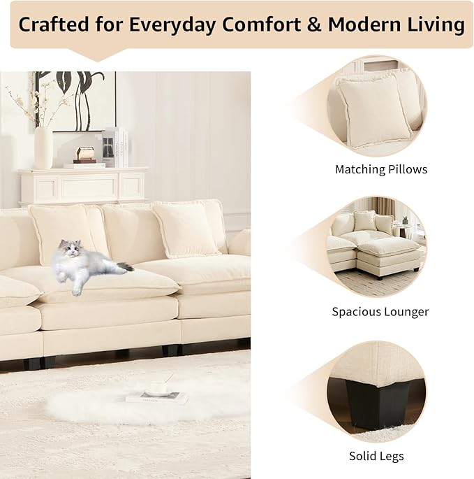 76.7 Beige Modern Sectional Couches for Living Room Chenille Loveseat U Shaped Modular Sectional Sofa Oversized 2 Seater Cloud Love Seat Couches with 2 Ottomans Deep Seat Sofas Set Sofa para Sala