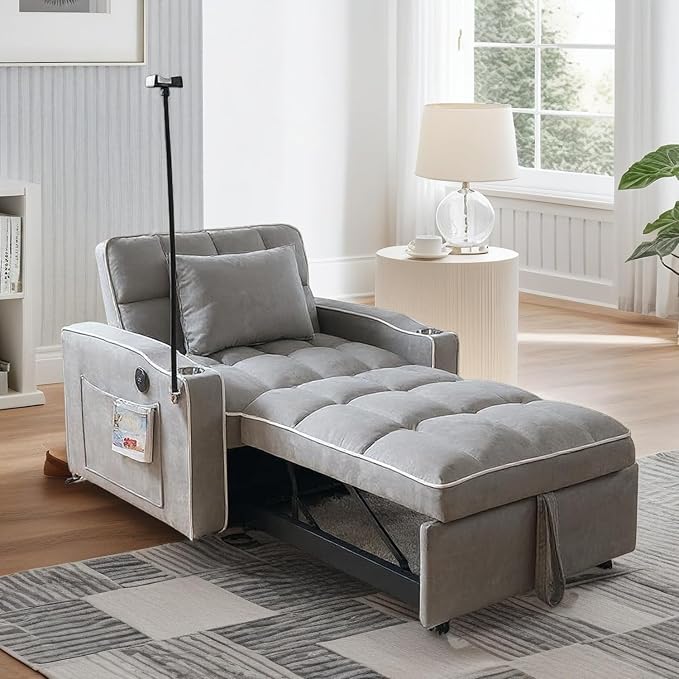 Convertible Sleeper Chair Pull Out Chair Sleeper with Bracket and Cup Holder Chairs Bed Sleepers for Adults 3 in 1 Sofa Bed Chairs for Small Spaces Living Room Light Gray