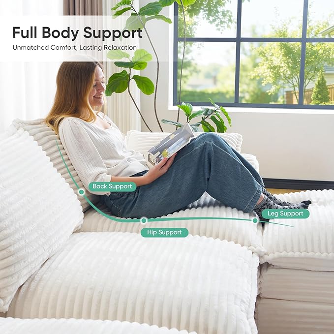 113 Cloud Sectional Boneless Couch for Living Room Modern Modular Sectional Sofa Deep Seat with Ottoman Upholstered Comfy Sectional CouchesCorduroy L Shaped Couch with Side PocketsBeige