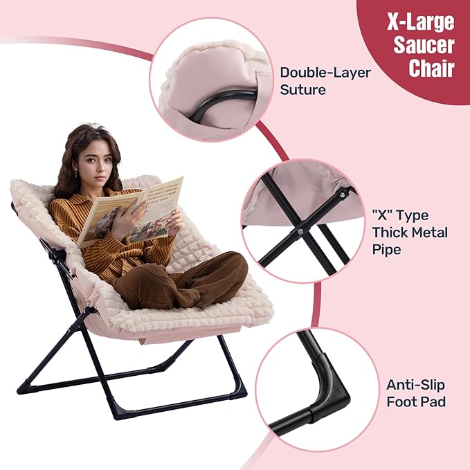 HollyHOME X-Large Saucer Chair Comfy Oversized Folding Chair Faux-Fur Reading Chair for Teens Adults Foldable Accent Chair Metal Lounge Chair for Living Room Bedroom Dorm Grid Champagne Pink