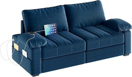 Yaheetech 79 Velvet Futon Sofa with Storage Pockets &amp USB Ports Removable Armrest Pillow &amp Cover Modern Comfy Loveseat Couch for Living Room Apartment Bedroom Blue