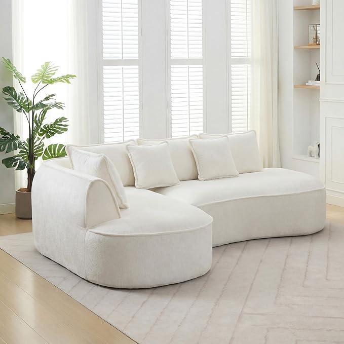 Modern Luxurious Oversized Boneless Couches Sectional Curved Sofa with 6 Pillows L-Shape Boneless Couch with Deep Seat High-Density Memory Foam No Assembly Required Chenille (White)