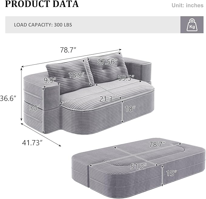 78.7 Convertible Foldable Floor CouchComfy Portable Fold Out Lounge with Functional Blanket and 2 Soft PillowsCorduroy Loveseat CouchSleep Sofa Bed for Living RoomBedroom(Light Grey)