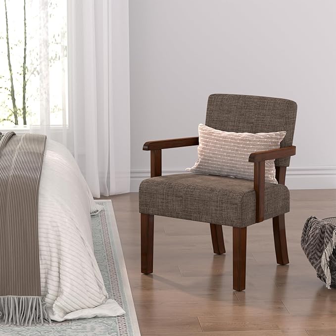 Mid Century Modern Accent ChairArmchairs with Solid Wood Frame and LegsUpholstered Reading Leisure Chair for Living RoomBedroomOfficeWaiting Room (Brown)