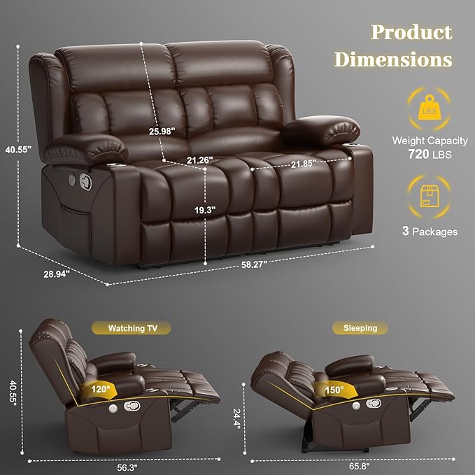 Loveseat Recliner Sofa PU Leather Reclining Loveseat with USB Charge Ports Cup Holders 2 Seater Manual Pull Tab Recliner Loveseat Couches for Living Room Brown