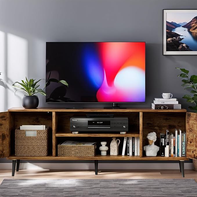 YESHOMY Modern TV Stand for 65 Television Entertainment Center with Two Storage Cabinets Retro Style Media Console for Living Room Bedroom Office 58 Inch Rustic Brown