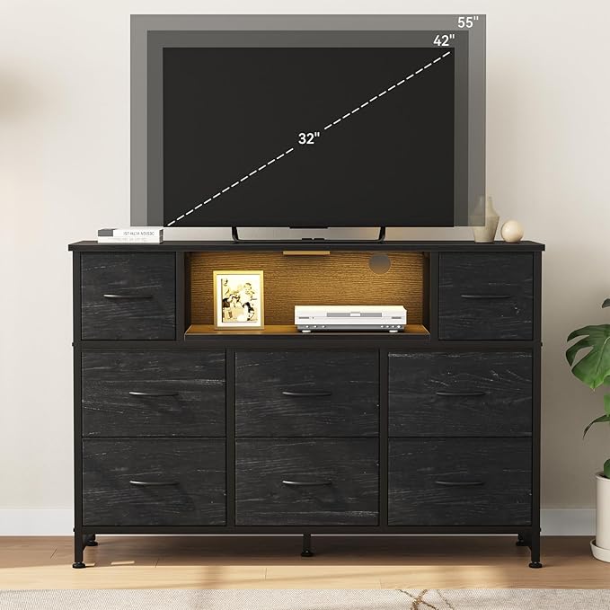 DUMOS TV Stand Dresser with 8 Fabric Drawers and Open Shelves LED Entertainment Center with Charging Station Wood Top Media Console for 45-55 inch Bedroom Woodgrain Black