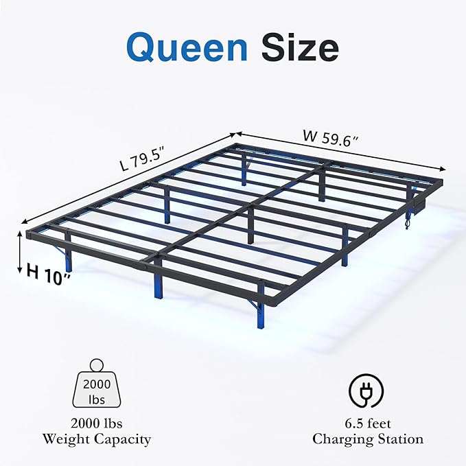 Queen Floating Bed Frame with LED Lights and Charging Station - 10 inch Platform Bed Frame No Box Spring Needed Easy Assembly
