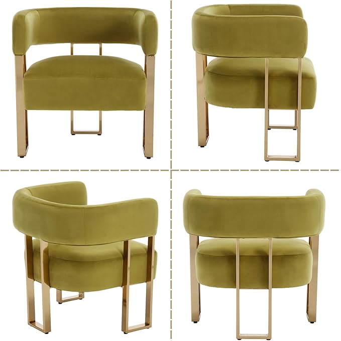 Modern Barrel Accent Chair Living Room Side Chair with Golden Metal Legs Soft Velvet Upholstered Reading Armchair for Bedroom/Reception Room/Lounge/Office Olive