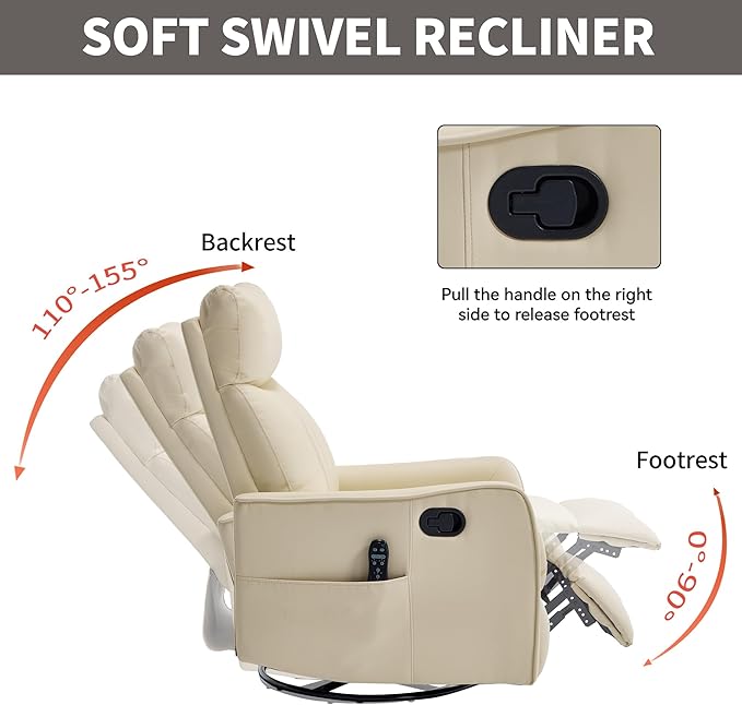 High Back Massage Recliner with Heat - Swivel Rocking Chair for Small Spaces Manual Lazy Boy Recliner for Adults Perfect for Living Room &amp Bedroom Soft Fabric (Beige FL)