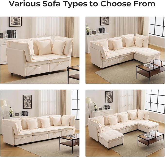 133'' Modular Sectional Sofa Oversized U Shaped Couch with Storage Ottoman Comfy Chenille Sofa with Deep Seat 6 Seat Convertible Couches with Throw Pillows for Living Room Beige