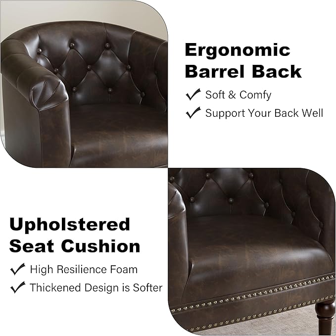 Accent Chair Upholstered Faux Leather Barrel Chair with Nailed Trim Comfy Club Armchair for Reading Living Room Bedroom Waiting Room (Chocolate Set of 1)