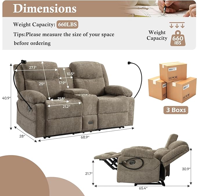 Manual Reclining Loveseat Sofa with Console Chenille Upholstered Couch for RV Living Room Apartment or Office Dual Recliners with Cup Holders Phone Holder Hidden Socket (Camel)