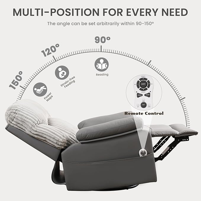 GRAINELL Swivel Rocker Recliner Chair with Massage and Heat USB Charging Port Infinite Position Power Recliner Electric Glider Rocking Chairs for Living Room Nursery (Grey)