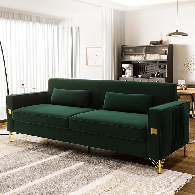 85.63'' Mid-Century Modern Green Velvet Sofa Couch with Metal Gold Legs 3 Seater Tufted Loveseat Couches with 2 Lumbar Pillows for Living Room and Apartment